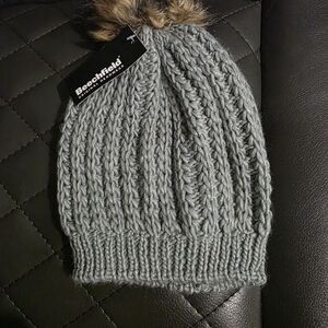 Beechfield Gray Knit Beanie with Pom Pom